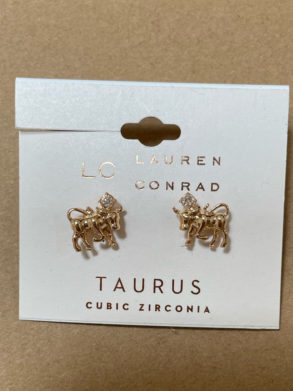 Lauren Conrad Taurus Zodiac Bull CZ Gold Tone Stud Earrings NWT